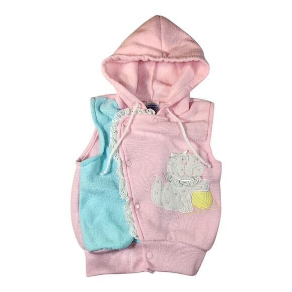 Vintage 80s/90s Toddler Girl's Embroidered Hooded Cat Vest Lace Detail Pink 24M - Picture 1 of 8